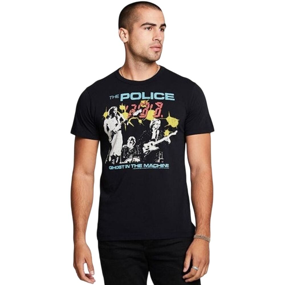 CHA SOR Men's Multi-Color Black Graphic Tee Shirt, "The Police" Band Tee, Size M